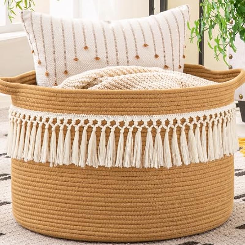 KAKAMAY Large Blanket Basket (20″x13″),Woven Baskets for storage Baby Laundry Hamper, Cotton Rope Blanket Basket for Living Room, Laundry, Nursery, Pillows, Baby Toy chest (Brown Fringe)