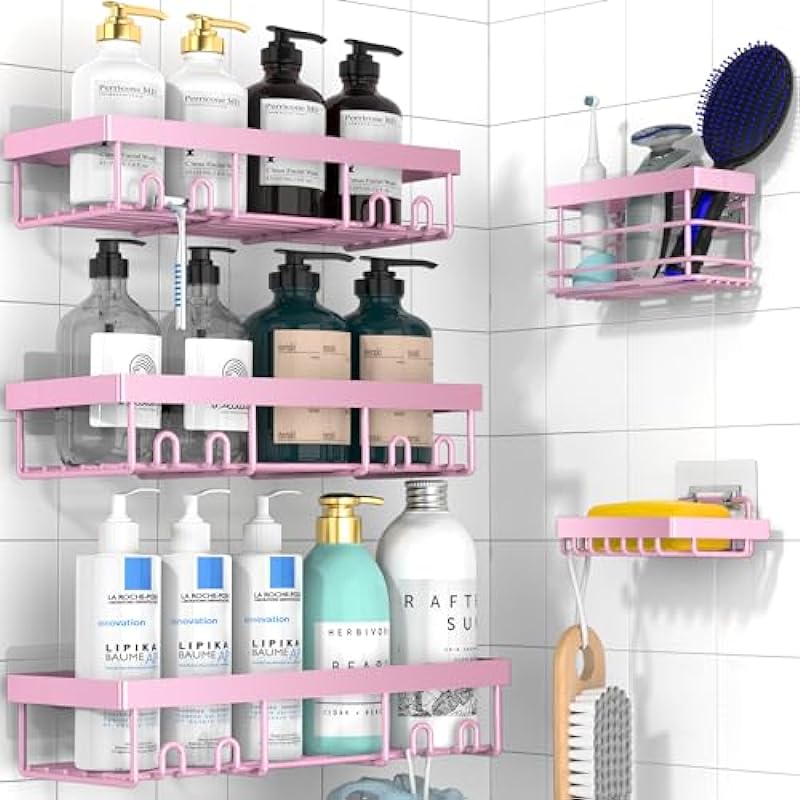 Moforoco Pink 5 Pack Shower Caddy Shelf Organizers Rack, Self Adhesive Black Bathroom Storage Organization, Home Kitchen No Drilling Inside Decor Rv Accessories, First Apartment Essentials…
