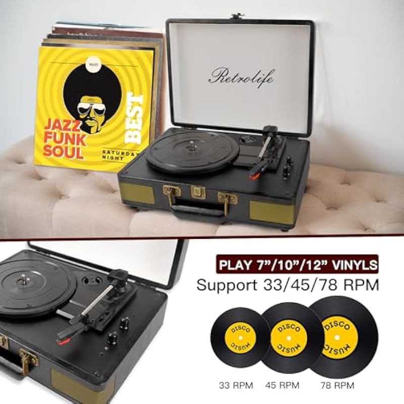 Record Player 3 Speed Bluetooth Portable Suitcase Vinyl Player with Built-in Speakers Turntable Enhanced Audio Sound PU Leather Vintage Black