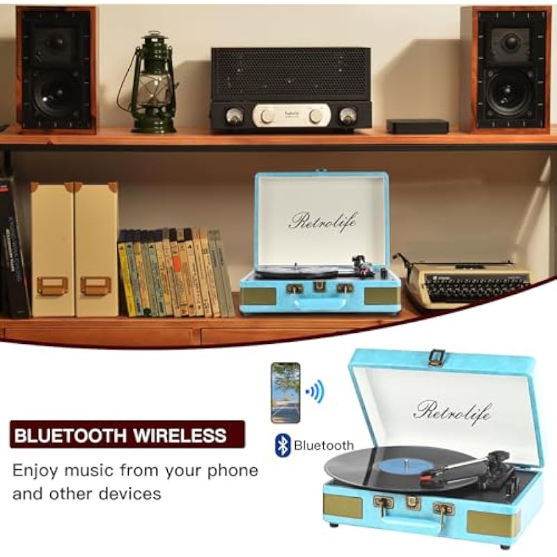 Record Player 3 Speed Bluetooth Portable Suitcase Vinyl Player with Built-in Speakers Turntable Enhanced Audio Sound PU Leather Vintage Blue