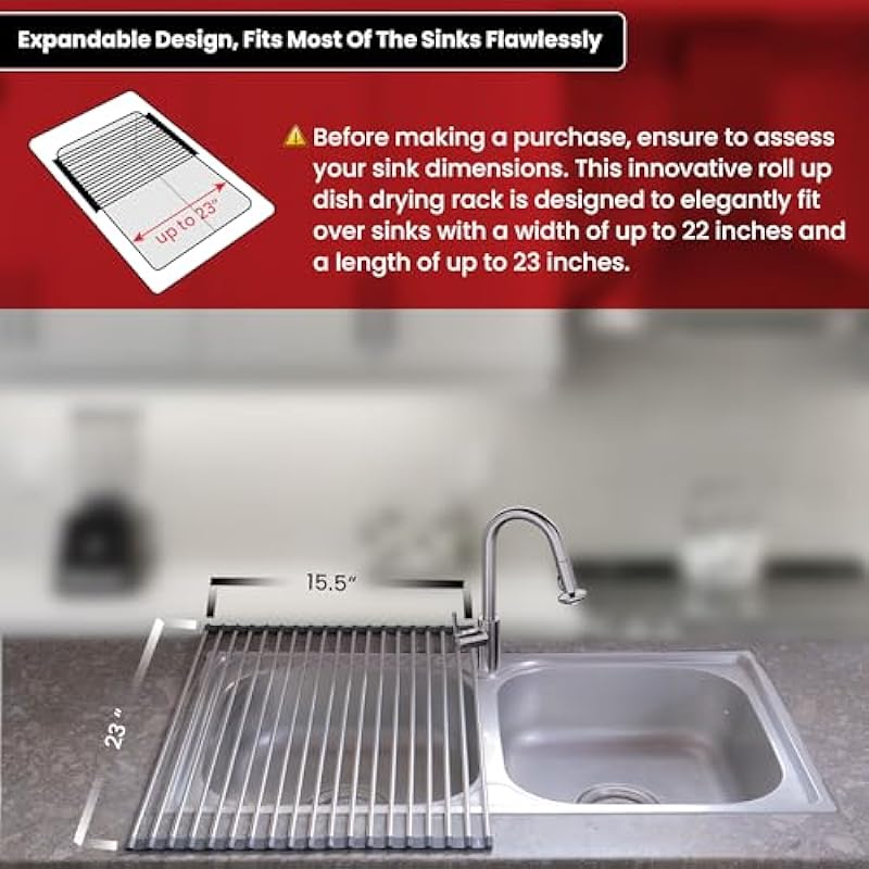 Roll Up Dish Drying Rack (15.5 * 17.5) up to Expandable Size (15.5 * 23), Over The Sink Dish Drying Rack Space-Saving Stainless Steel Sink Rack with Adjustable Sizes.