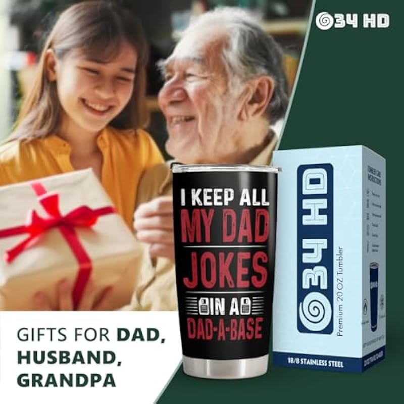 34HD Father Day Dad Gifts from Daughter Son Wife, Funny Gifts for New Dad Bonus Dad Stepdad Papa Father in Law Husband, Dad Jokes Tumbler 20 Oz, Drinking Cup for Dad