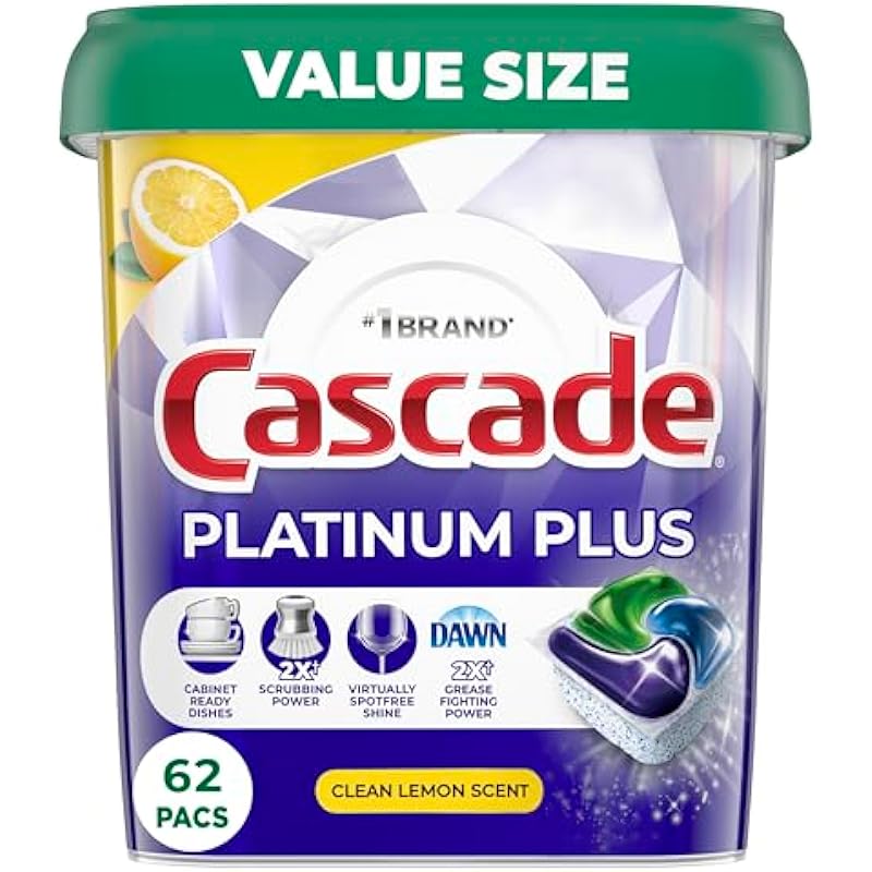 Cascade Platinum Plus Dishwasher Pods, Dish Detergent ActionPacs, Clean Lemon, 62 Count