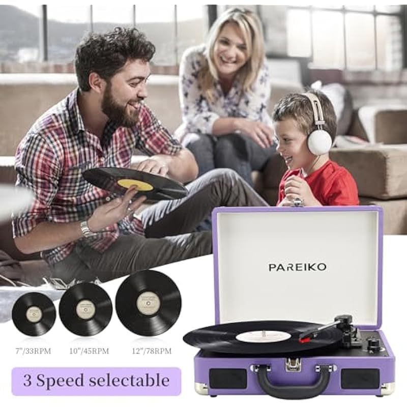 3 Speed Vinyl Record Player Bluetooth Turntable Vintage Record Player with Built-in Stereo Speakers Portable Built in Battery Lp Player Supports 3.5mm Headphone AUX Input RCA Line Out, Purple