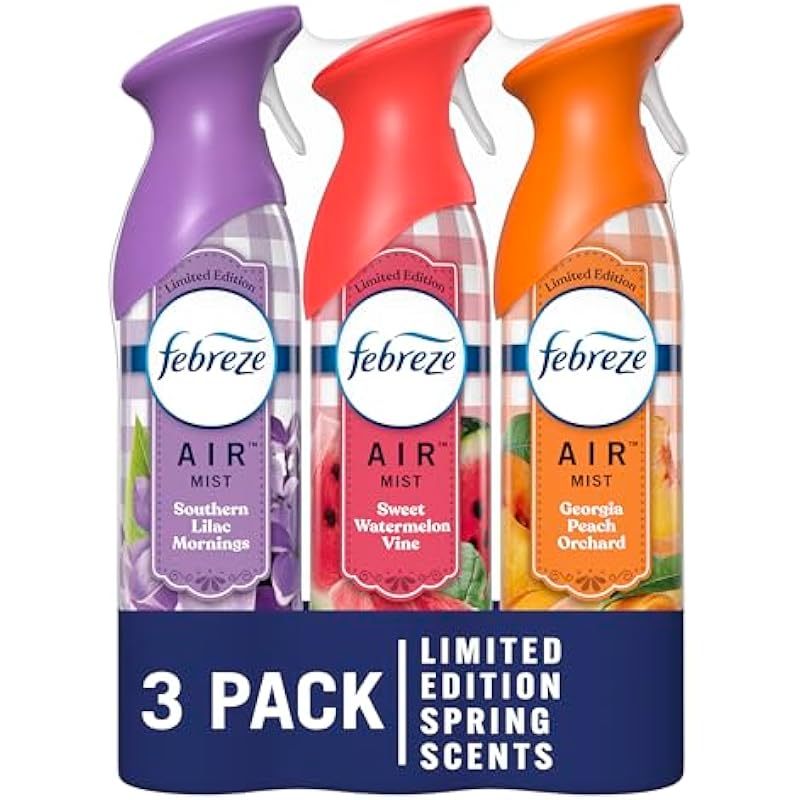 Febreze Air Mist Odor-Fighting Air Freshener Mixed Scent, Southern Lilac Mornings, Georgia Peach Orchard, Sweet Watermelon Vine, 8.8 oz. Aerosol Can, Pack of 3