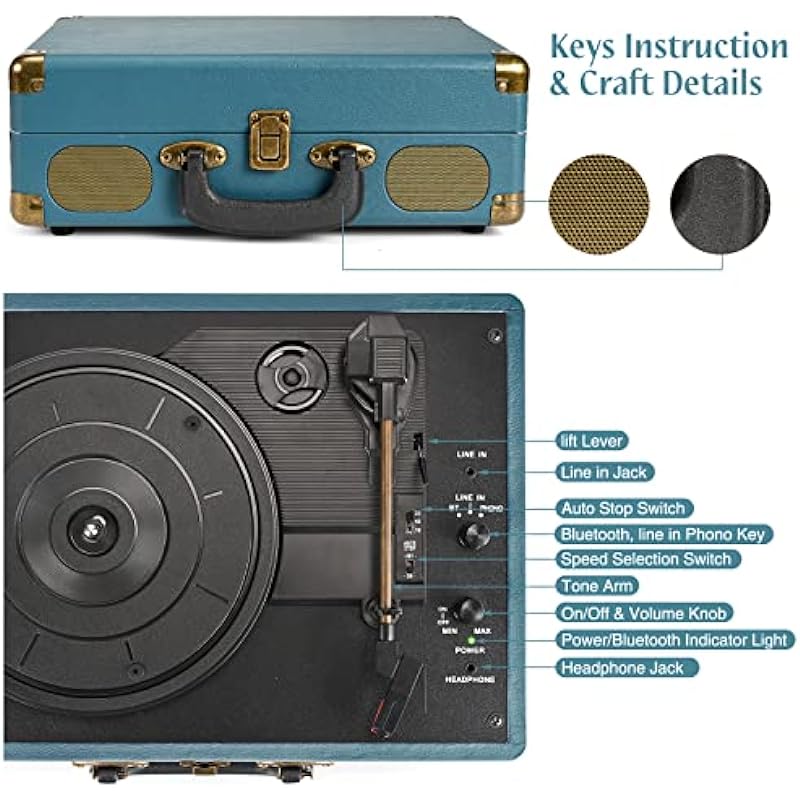Vinyl Record Player Suitcase 3-Speed Bluetooth Portable Belt-Driven Record Player with Built-in Speakers AUX in RCA Line Out Headphone Jack Vintage Turntable Coral Blue