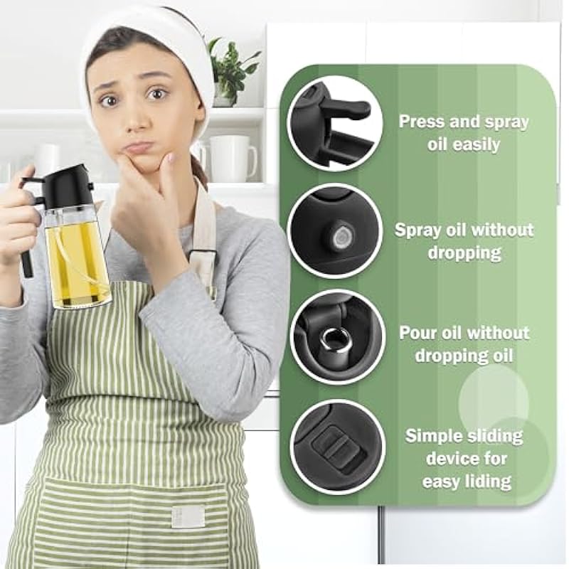Oil Dispenser for Kitchen – Oil Sprayer for Cooking and Olive Oil Dispenser Spray Bottle, 2 in 1 Glass Oil Sprayers, pourer & Oil Mister for Air Fryer, Barbecue, Salad 16oz/470ml (Black)