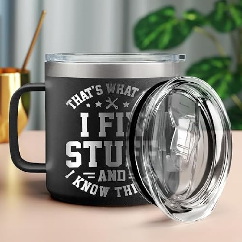 Engraved 14oz Coffee Tumbler Funny Gifts For Men – Fathers Day & Birthday Gifts For Dad, Papa, Grandpa, Mechanic Father – Gifts For Coworker, Boss – That’s What I Do I Fix Stuff – Boss Gifts