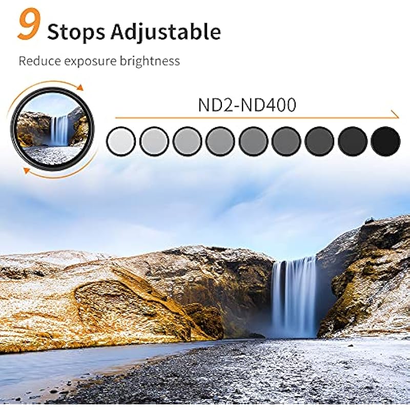 K&F Concept 82mm Variable ND2-ND400 ND Lens Filter (1-9 Stops) for Camera Lens, Adjustable Neutral Density Filter with Microfiber Cleaning Cloth (B-Series)