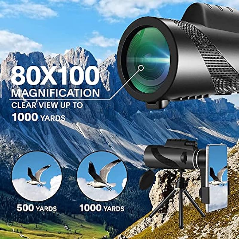 80X100 Monocular Telescope High Power with Smartphone Holder & Tripod, High Definition Larger Vision Monocular for Adults for Bird Watching Hiking Camping