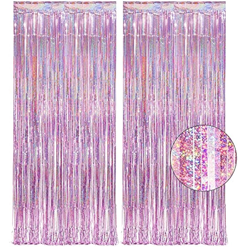 Pink Tinsel Curtain Party Backdrop – GREATRIL Foil Fringe Curtain Lilac Pink Party Streamers for Girl Princess Bachelorette Euphoria Theme Party Decorations – 2 Packs