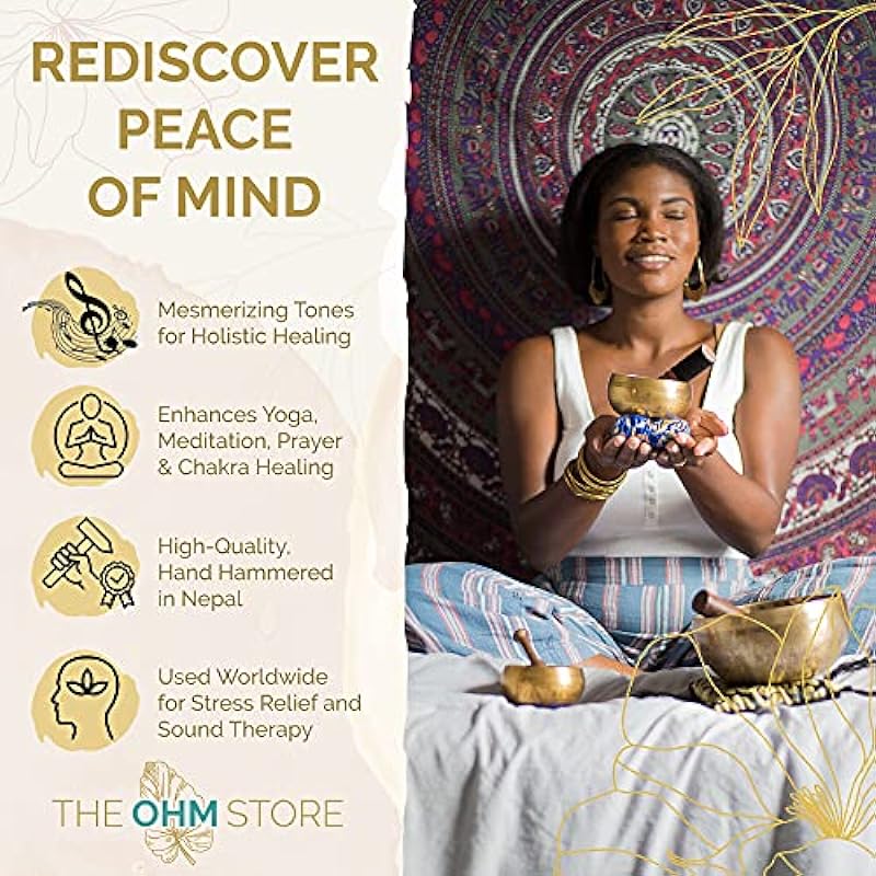 Ohm Store Tibetan Singing Bowl Set — Meditation Sound Bowl Handcrafted in Nepal for Yoga, Chakra Healing, Mindfulness, and Stress Relief — Unique Spiritual Gifts for Women and Men