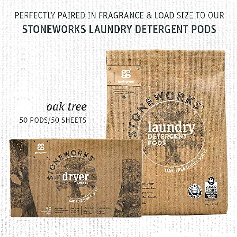 Grab Green Stoneworks Laundry Detergent Pods and Dryer Sheet Bundle, 50 Count Pods and 80 Dryer Sheets, Oak Tree Scent, Plant and Mineral Based Laundry Care Set