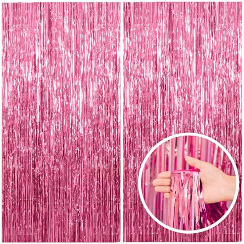 2 Pack Pink Backdrop Party Decorations Tinsel Curtain Party Backdrop Foil Fringe Birthday Decorations Photo Booth Streamer Backdrop Pink Theme Bachelorette Graduation Party Decorations